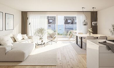 Innenaufnahme eines Wohnzimmer mit Balkon, offener Wohn-, Ess- und Kochbereich