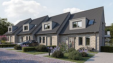 Strassenansicht der Neubauhäuser "Meerquartett" in Sierksdorf an der Ostsee.